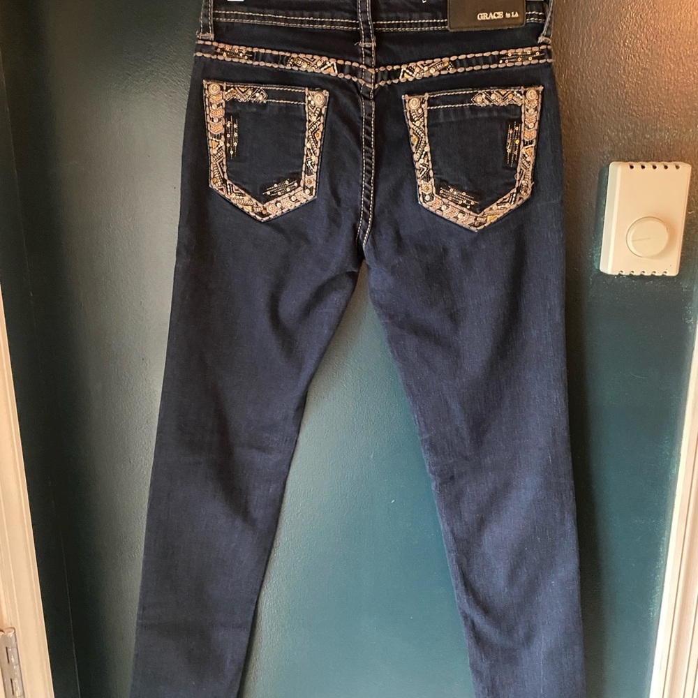 Grace In LA Blue Skinny Jeans with Embellished Design